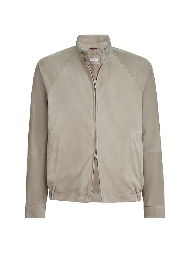 Brunello Cucinelli Men's Suede Unlined Jacket with Stand Collar - Khaki