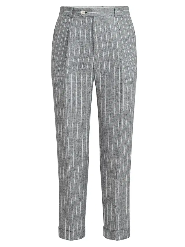 Men's Chalk Stripe Linen Twill Trousers with Pleats - Medium Grey