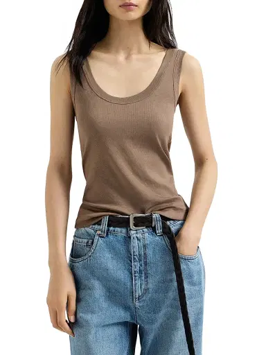 Brunello Cucinelli Women's Stretch Cotton Ribbed Jersey Top with Monili | Thumbnail 2