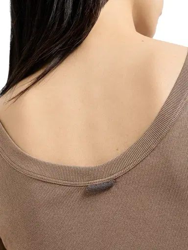 Brunello Cucinelli Women's Stretch Cotton Ribbed Jersey Top with Monili | Thumbnail 5