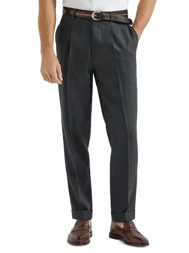 Brunello Cucinelli Men's Linen and Virgin Wool Chevron Trousers with Pleats - Anthracite - Size 48 | Thumbnail 2