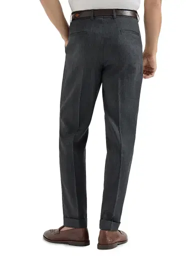 Brunello Cucinelli Men's Linen and Virgin Wool Chevron Trousers with Pleats - Anthracite - Size 48 | Thumbnail 3
