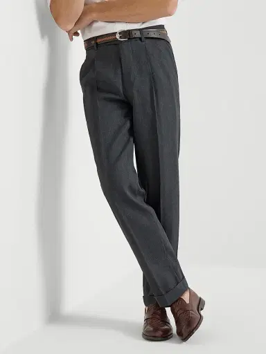 Brunello Cucinelli Men's Linen and Virgin Wool Chevron Trousers with Pleats - Anthracite - Size 48 | Thumbnail 5