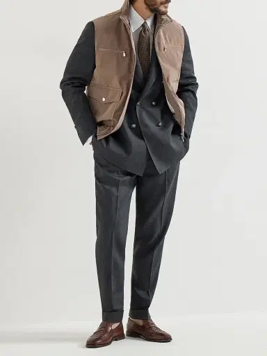Brunello Cucinelli Men's Linen and Virgin Wool Chevron Trousers with Pleats - Anthracite - Size 48 | Thumbnail 6