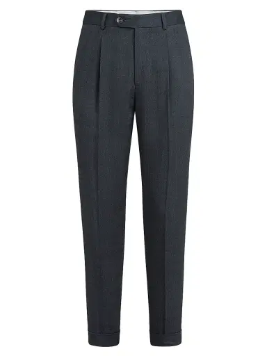Brunello Cucinelli Men's Linen and Virgin Wool Chevron Trousers with Pleats - Anthracite - Size 48 | Thumbnail 1