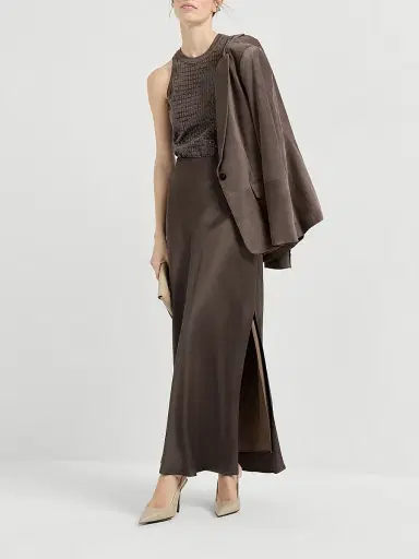 Brunello Cucinelli Women's Satin Cady Fluid Bias Cut Skirt - Cocoa - Size 4 | Thumbnail 6