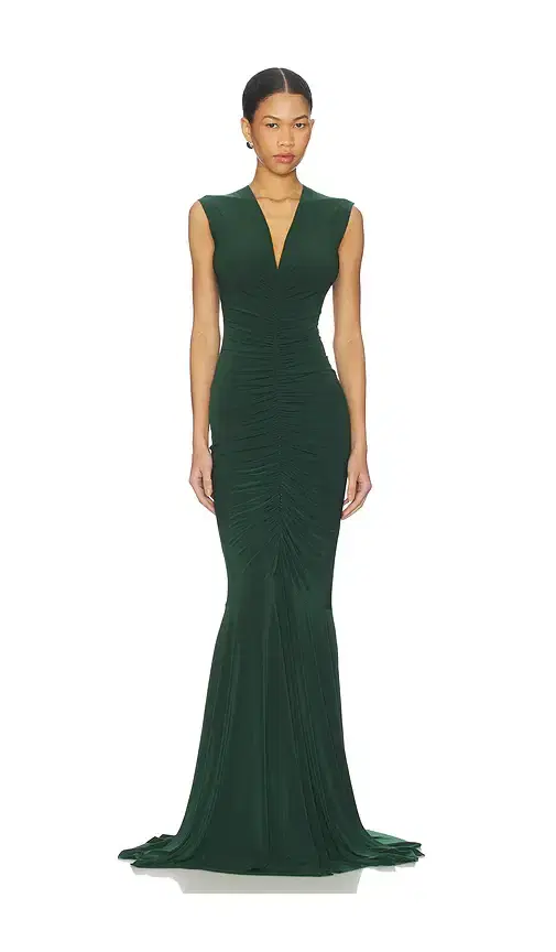 Norma Kamali x REVOLVE Sleeveless Deep V Neck Shirred Front Fishtail Gown