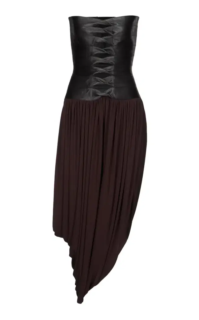 ALAÏA Leather Bustier Draped Midi Dress
