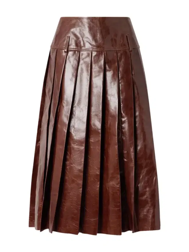 Pleated Glossed-leather Midi Skirt