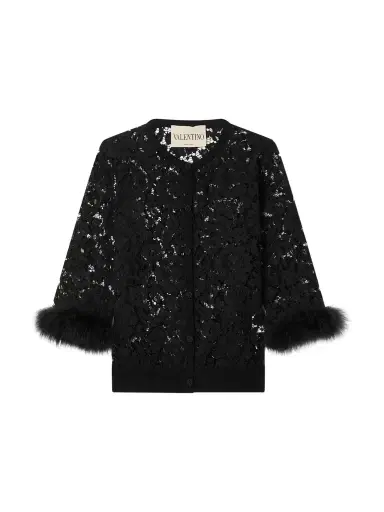 Valentino Garavani Feather-trimmed Cotton Corded Lace Cardigan | Thumbnail 1