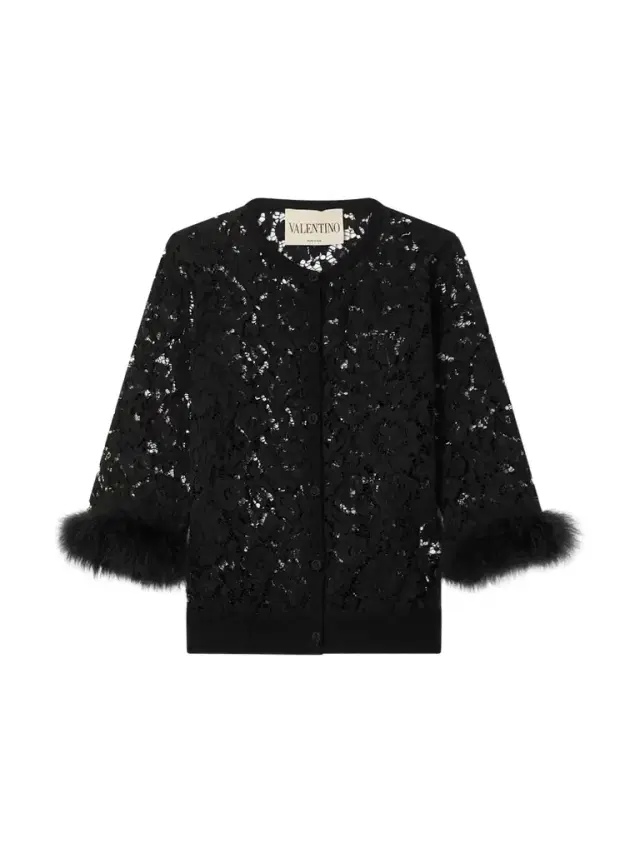Valentino Garavani Feather-trimmed Cotton Corded Lace Cardigan