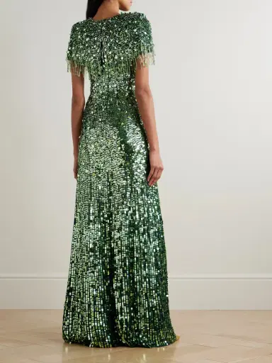 Jenny Packham Eugenie Fringed Cape-effect Embellished Satin Gown | Thumbnail 3