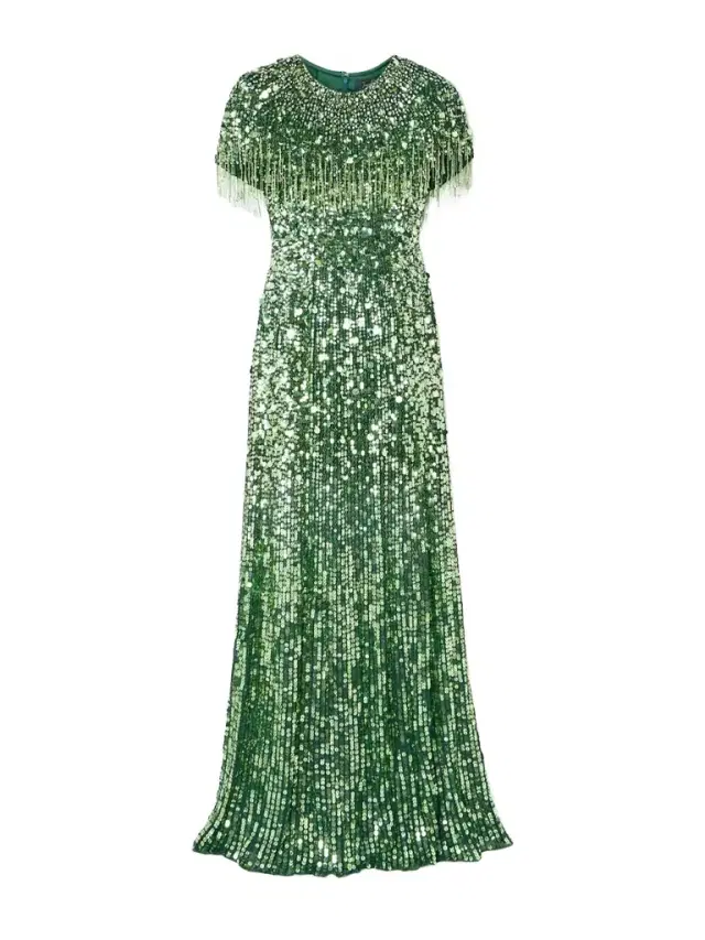 Eugenie Fringed Cape-effect Embellished Satin Gown