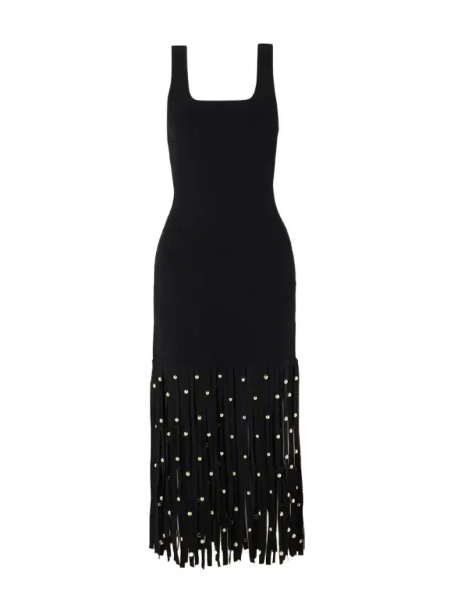 Romelia Embellished Fringed Stretch-knit Midi Dress