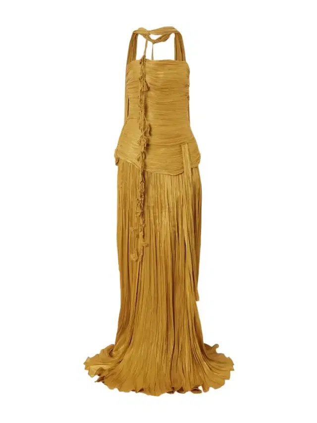 Strapless Scarf-detailed Metallic Plissé-satin Gown