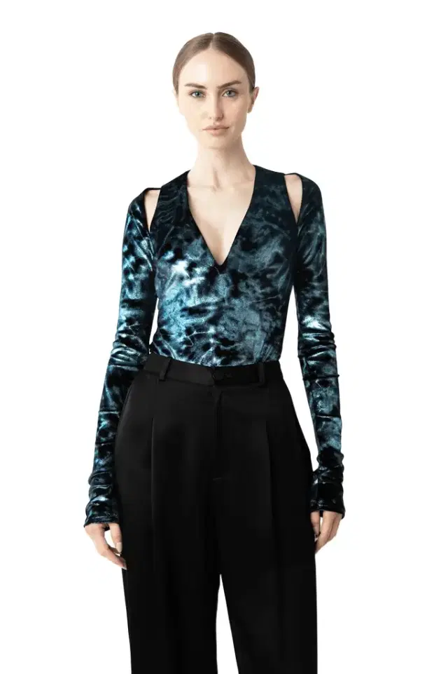 LAPOINTE Foil Velour V Neck Bodysuit
