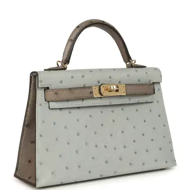 HERMÈS Hermes Special Order (HSS) Kelly Sellier 20 Bleu Glacier and Gris Tourterelle Ostrich Permabrass Hardware | Thumbnail 2
