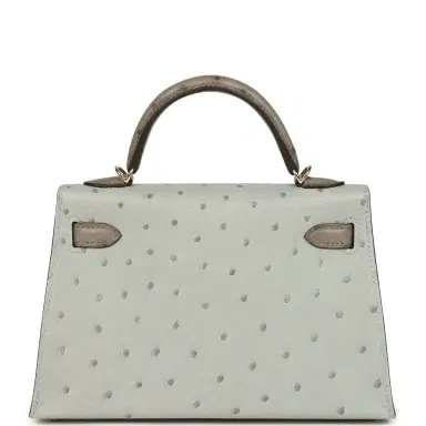 HERMÈS Hermes Special Order (HSS) Kelly Sellier 20 Bleu Glacier and Gris Tourterelle Ostrich Permabrass Hardware | Thumbnail 4