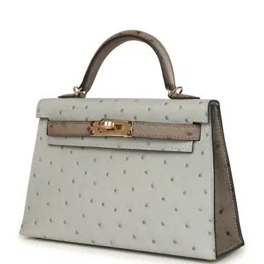 HERMÈS Hermes Special Order (HSS) Kelly Sellier 20 Bleu Glacier and Gris Tourterelle Ostrich Permabrass Hardware | Thumbnail 5