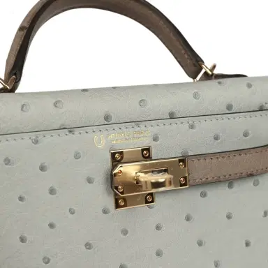 HERMÈS Hermes Special Order (HSS) Kelly Sellier 20 Bleu Glacier and Gris Tourterelle Ostrich Permabrass Hardware | Thumbnail 7