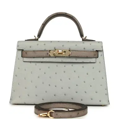 HERMÈS Hermes Special Order (HSS) Kelly Sellier 20 Bleu Glacier and Gris Tourterelle Ostrich Permabrass Hardware | Thumbnail 1