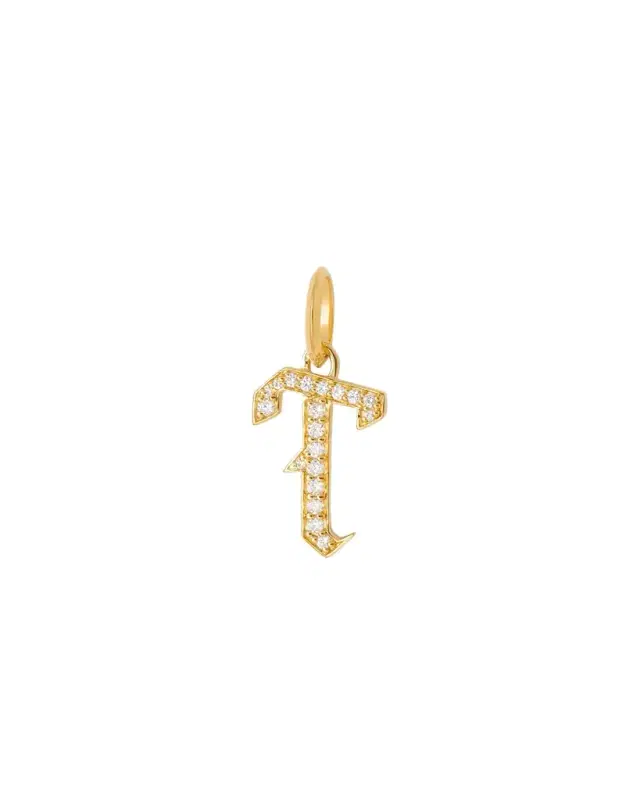 Capital Gothic Letter Charm with Pavé White Diamonds in 18K Yellow Gold