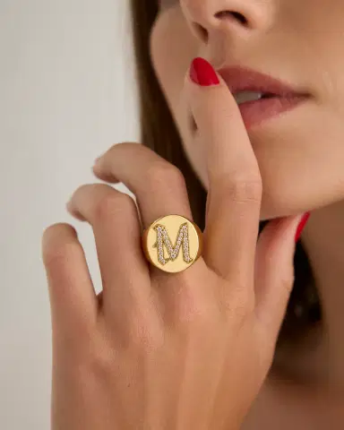Jennifer Fisher Large Signet Letter Ring with Diamonds in 18K Yellow Gold A-N | Thumbnail 2