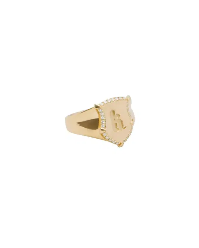 Mini Classic Shield Ring with Pave White Diamonds in 18K Yellow Gold