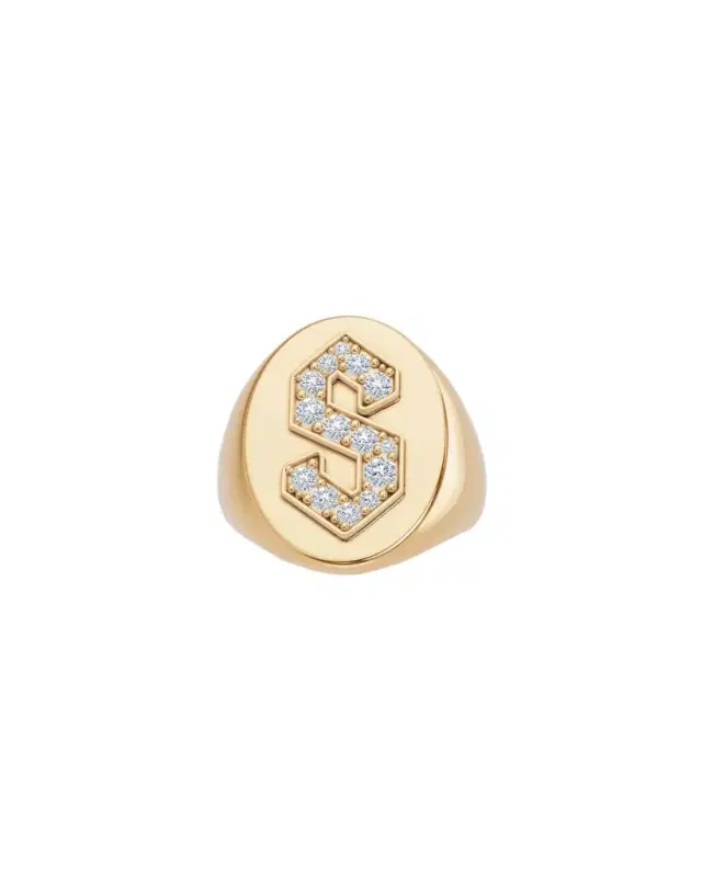 Jennifer Fisher Large Signet Letter Ring with Diamonds in 18K Yellow Gold O-Z