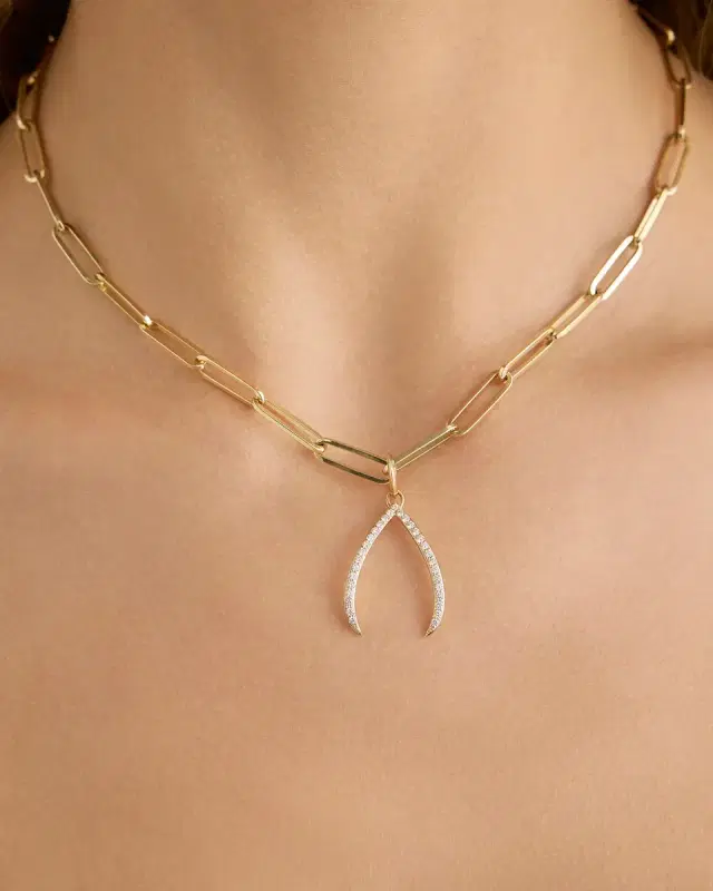 Jennifer Fisher Wishbone Charm with Pavé White Diamonds in 18K Yellow Gold