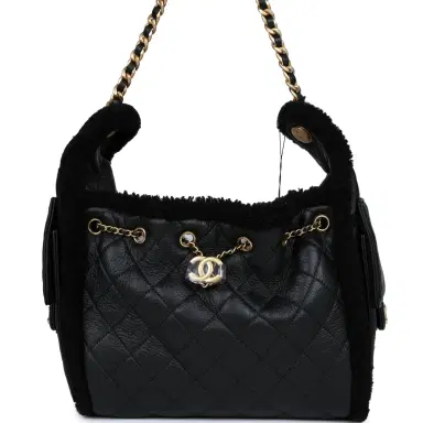 Chanel Chanel Small 25 Hobo Bag Black Crumpled Sheepskin and Shearling Antique Gold Hardware | Thumbnail 1 Chanel Chanel Small 25 Hobo Bag Black Crumpled Sheepskin and Shearling Antique Gold Hardware | Thumbnail 1