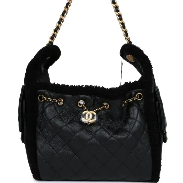 Chanel Chanel Small 25 Hobo Bag Black Crumpled Sheepskin and Shearling Antique Gold Hardware