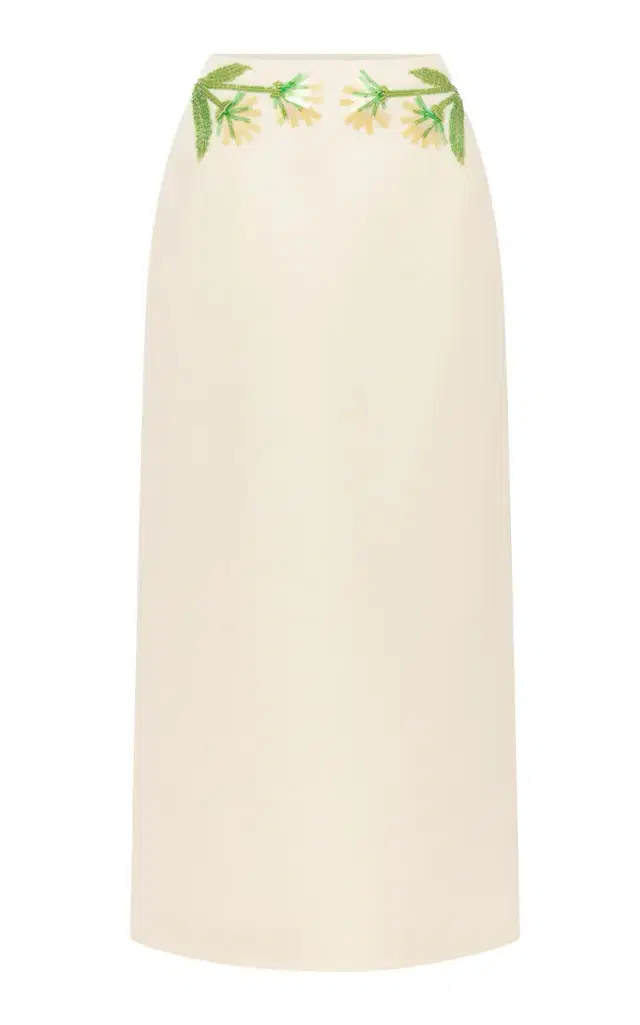 Leo Lin Quinn Floral-Embellished  Mid-Rise Wool-Silk Midi Skirt