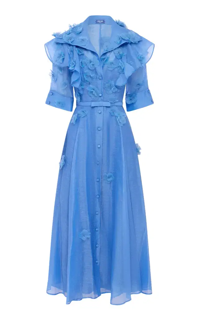 Leo Lin Anya Petal-Embellished Linen-Silk Button-Up Midi Dress