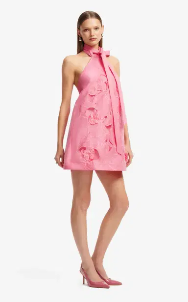 LEO LIN Lola Floral-Appliqued Linen-Blend Halter Mini Dress | Thumbnail 3