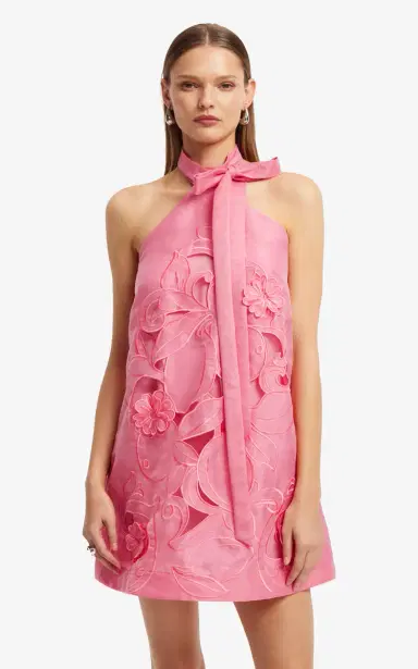 LEO LIN Lola Floral-Appliqued Linen-Blend Halter Mini Dress | Thumbnail 4