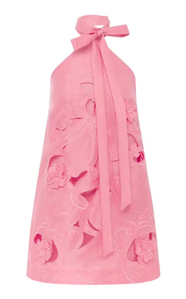 Lola Floral-Appliqued Linen-Blend Halter Mini Dress
