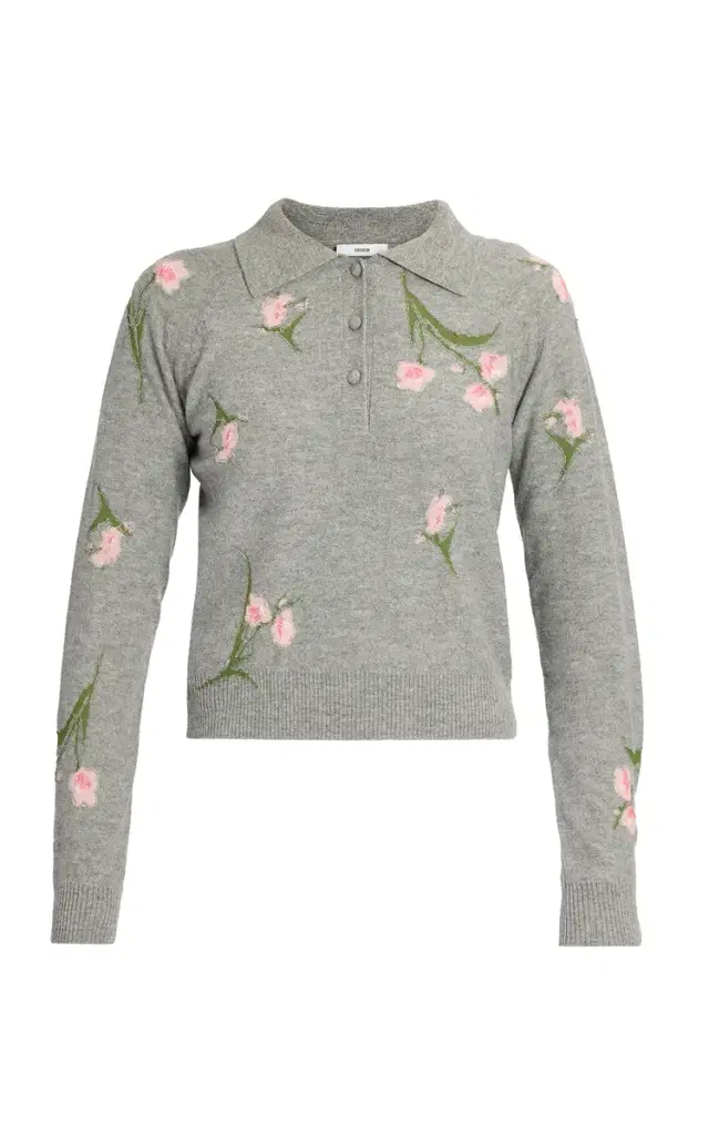 Erdem Merino Wool Floral-Knit Polo Sweater