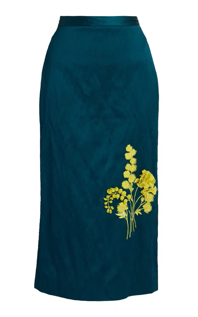 Floral Embroidered Satin Midi Skirt