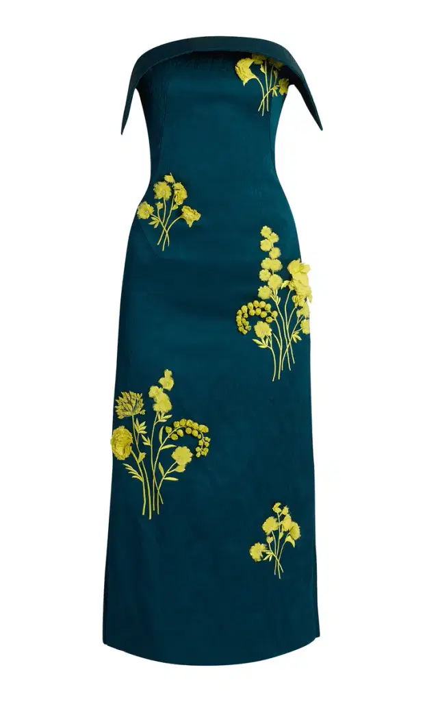 Embroidered Floral Satin Midi Dress