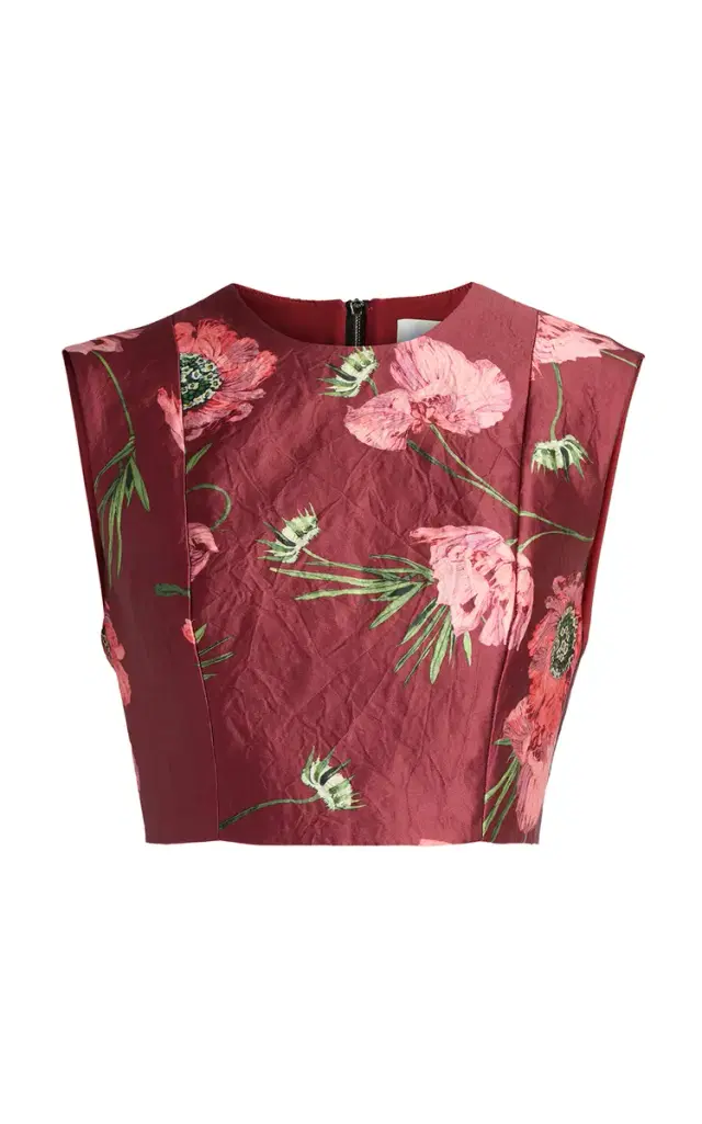 Erdem Floral Textured Satin Cropped Top