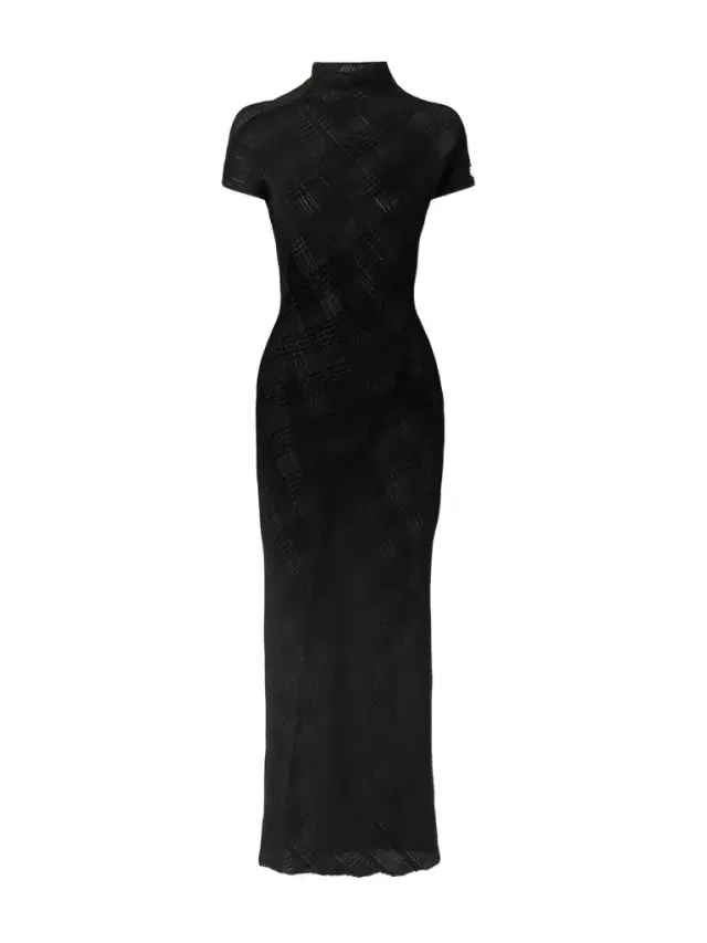 Embellished Checked Ribbed-knit Turtleneck Maxi Dress