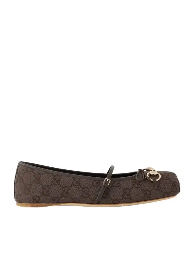 Horsebit-embellished Bow-detailed Canvas-jacquard Ballet Flats