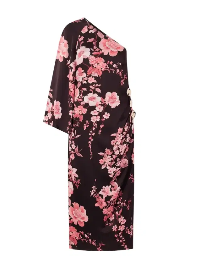 Atlantis One-sleeve Embellished Printed Satin Midi Dress