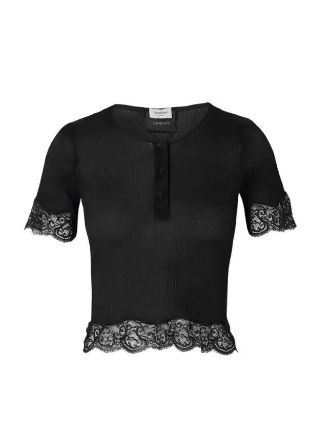 Scalloped Lace-trimmed Ribbed Jersey Henley Top