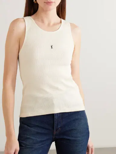 Saint Laurent Cassandre Embroidered Ribbed Cotton-jersey Tank | Thumbnail 3 Saint Laurent Cassandre Embroidered Ribbed Cotton-jersey Tank | Thumbnail 3