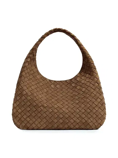 Bottega Veneta Women's Large Campana Intrecciato Suede Shoulder Bag - Nocciola Muse Brass | Thumbnail 1 Bottega Veneta Women's Large Campana Intrecciato Suede Shoulder Bag - Nocciola Muse Brass | Thumbnail 1