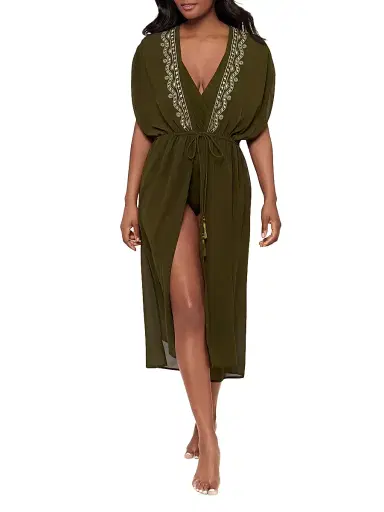 Miraclesuit Swim Women's Beach Etc. Beaded Georgette Kimono-Style Cover-Up - Nori - Size Large | Thumbnail 2 Miraclesuit Swim Women's Beach Etc. Beaded Georgette Kimono-Style Cover-Up - Nori - Size Large | Thumbnail 2