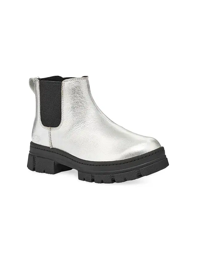 UGG Little Girl's & Girl's Ashton Chelsea Leather Boots - Silver Metallic 3 (Child)