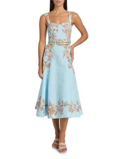 Hemant & Nandita Women's Riah Floral Cotton-Linen Belted Midi-Dress - Blue | Thumbnail 3 Hemant & Nandita Women's Riah Floral Cotton-Linen Belted Midi-Dress - Blue | Thumbnail 3
